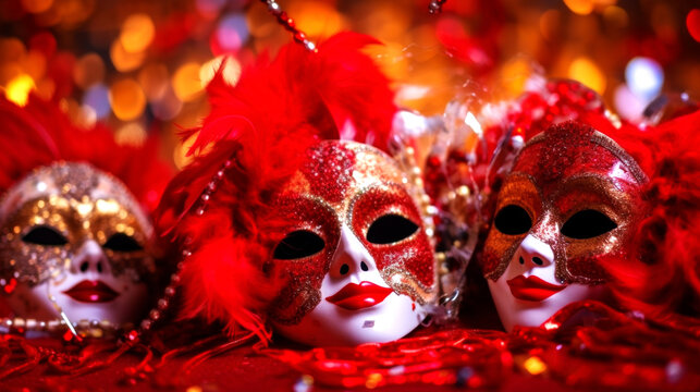 Exquisite Venetian masks on a Red glitter background with shiny streamers and bokeh lights. Perfect for a masquerade party. Generative AI 