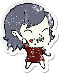 distressed sticker of a cartoon vampire girl with blood on cheek