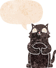 cartoon cat and speech bubble in retro textured style
