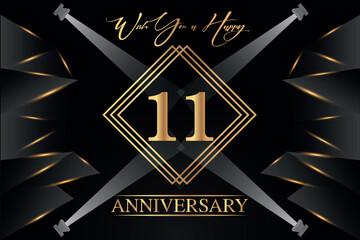 11 year anniversary celebration luxury golden color logo design with elegance gold line and number on black background