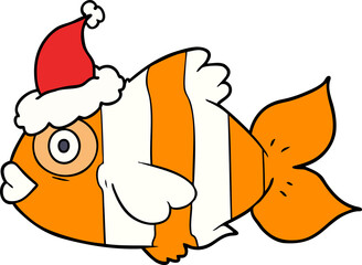 line drawing of a exotic fish wearing santa hat