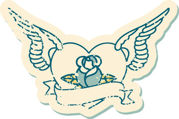 distressed sticker tattoo style icon of a flying heart with flowers and banner