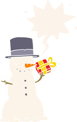 cartoon christmas snowman and speech bubble in retro style