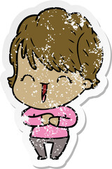 distressed sticker of a cartoon laughing woman
