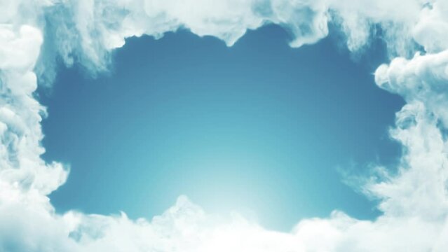 Clouds Frame On Sunny Sky Background/ 4k motion graphics of a banner frame of sunny sky landscape with clouds and smoke borders for holidays communication