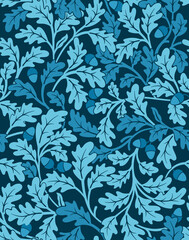 Floral seamless pattern with unusual blue oak leaves and acorns on dark background. Vector illustration. - 584251154
