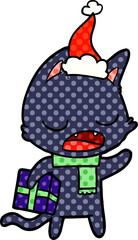 talking cat comic book style illustration of a wearing santa hat
