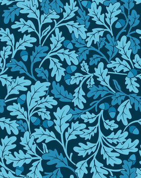 Floral seamless pattern with unusual blue oak leaves and acorns on dark background. Vector illustration.