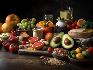 Super Foods auf einem Holztisch - Nüsse, Früchte, Gemüse, Käse
