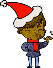 textured cartoon of a woman thinking wearing santa hat