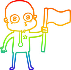 rainbow gradient line drawing cartoon weird bald spaceman with flag