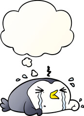 cartoon crying penguin and thought bubble in smooth gradient style