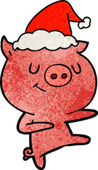 happy textured cartoon of a pig dancing wearing santa hat
