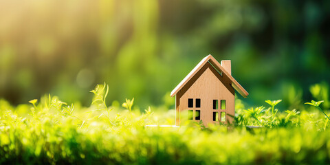  Eco house. Green and environmentally friendly housing concept. generative ai. Miniature wooden house in spring grass, moss and ferns on a sunny day