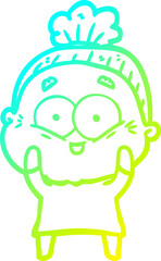 cold gradient line drawing cartoon happy old woman