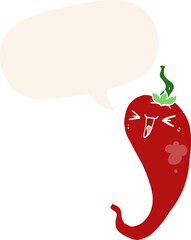 cartoon hot chili pepper and speech bubble in retro style