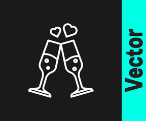 White line Glass of champagne icon isolated on black background. Happy Valentines day. Vector