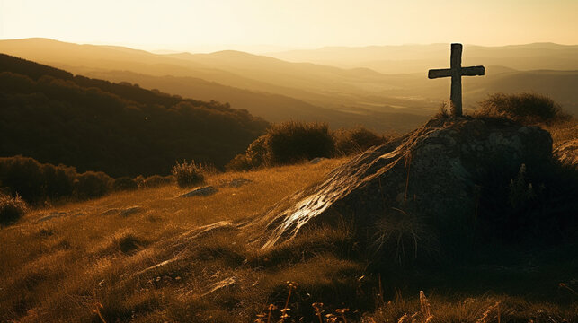 Cross on a Hill Outdoor With Natural Sunlight, Religious and Christian Concept, Faith Based Photography Concept - Generative AI