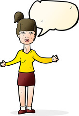 cartoon woman shrugging shoulders with speech bubble
