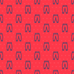 Blue line Pants icon isolated seamless pattern on red background. Trousers sign. Vector