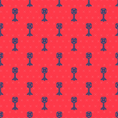 Blue line Studio light bulb in softbox icon isolated seamless pattern on red background. Shadow reflection design. Vector