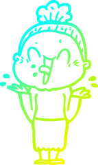 cold gradient line drawing cartoon happy old woman