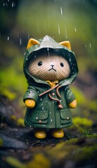 Cute kitty wearing yellow raincoat lost in the forest in realistic style art. Cute wallpaper background. Generative AI.