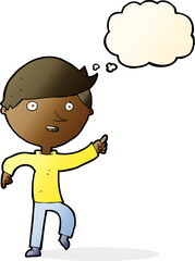 cartoon happy pointing with thought bubble