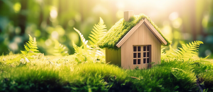  Eco house. Green and environmentally friendly housing concept. generative ai. Miniature wooden house in spring grass, moss and ferns on a sunny day