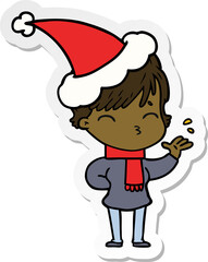 sticker cartoon of a woman thinking wearing santa hat