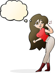 cartoon woman raising fist with thought bubble