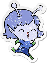 distressed sticker of a cartoon alien girl laughing