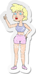 retro distressed sticker of a happy gym woman giving thumbs up symbol