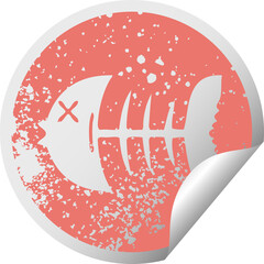 quirky distressed circular peeling sticker symbol dead fish bone
