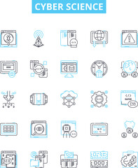 Cyber science vector line icons set. Cybernetics, Cybercrime, Cryptology, Cybersecurity, Robotics, Algorithms, Networking illustration outline concept symbols and signs