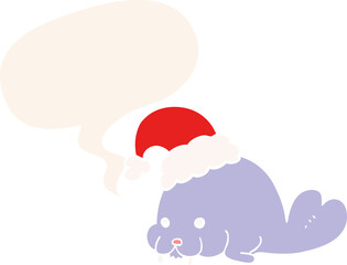 cartoon christmas walrus and speech bubble in retro style
