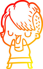 warm gradient line drawing cute cartoon girl with hipster haircut