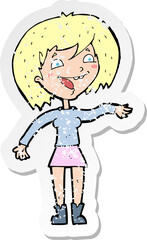 retro distressed sticker of a cartoon waving woman