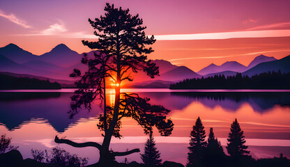 beautiful sunrise or sunset scene, with the sun just peeking over the horizon using generative art