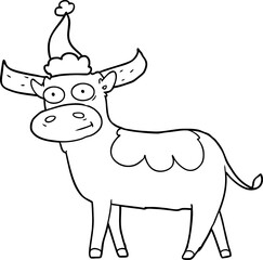 line drawing of a bull wearing santa hat