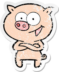 distressed sticker of a cheerful pig cartoon