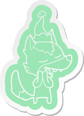 cartoon  sticker of a wolf laughing wearing santa hat