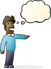 cartoon man accusing with thought bubble