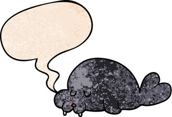 cartoon walrus and speech bubble in retro texture style