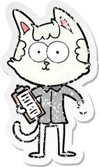 distressed sticker of a happy cartoon salesman cat