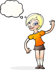 cartoon girl waving with thought bubble