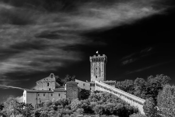 Naklejka premium Black and white view of the beautiful medieval fortress of Vicopisano, Pisa, Tuscany, Italy