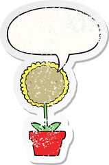 cute cartoon flower and speech bubble distressed sticker