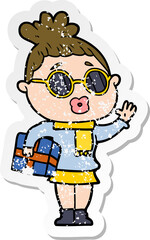 distressed sticker of a cartoon woman wearing sunglasses