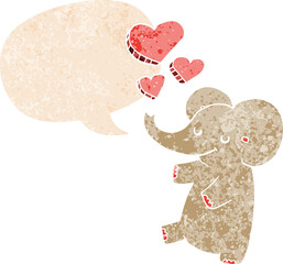 cartoon elephant with love hearts and speech bubble in retro textured style